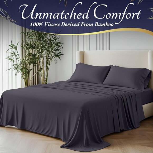 9- 100% Viscose Derived from Bamboo Sheets King Size 4pcs - Cooling 17" Deep - Picture 2 of 8